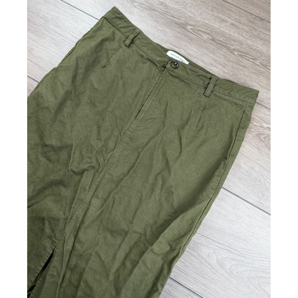 Amour Vert Women Skirt Organic Cotton Midi Front Slit Olive Green XL